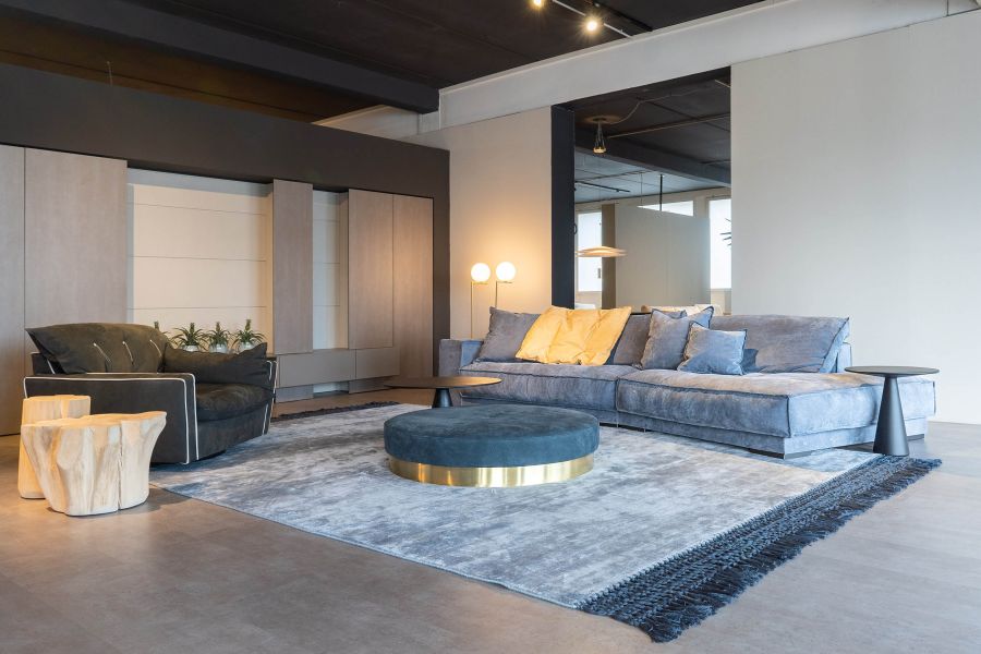 ampio soggiorno con divano e tappeto grigio